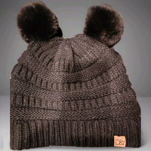 D&Y Black Knit Pom-Pom Women's Beanie Acrylic Hat Solid Winter Classic